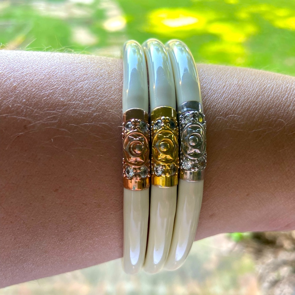 3 ivory BuDhaGirl bracelets size large. Gold, silver,rose gold charms